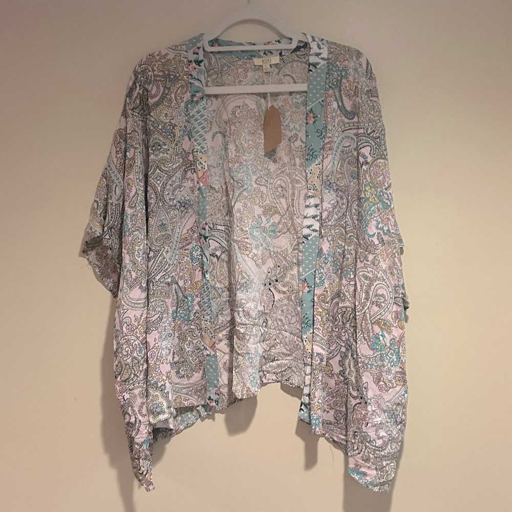 NWT Kori Pink and Mint Green Paisley Open-Front Kimono Sz Lg